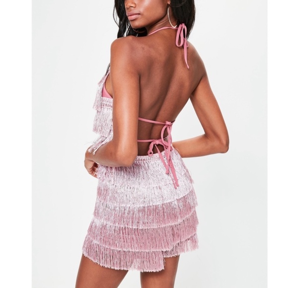 Women Missguided Pink Fringe Halter 1920's Flapper Style Cocktail Party Romper 6 - Picture 2 of 16